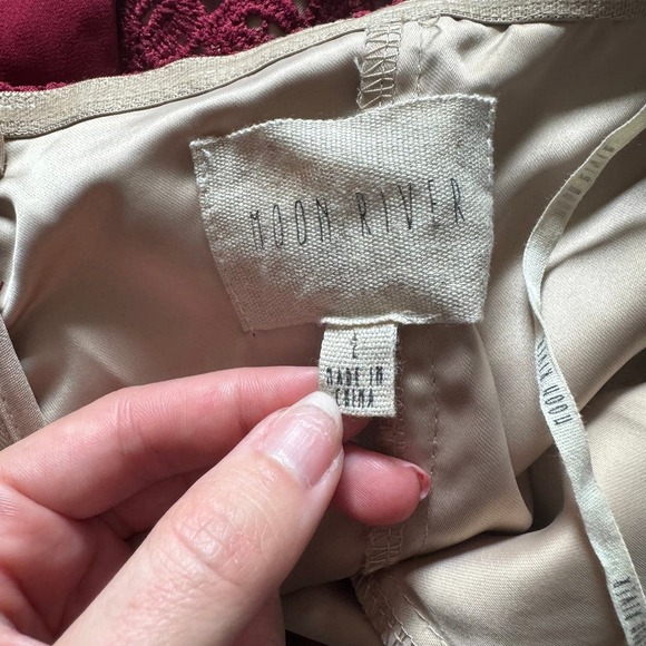 Moon River Strapless Ruffle Lace Dress in Burgundy Wine / Nude - Picture 8 of 8